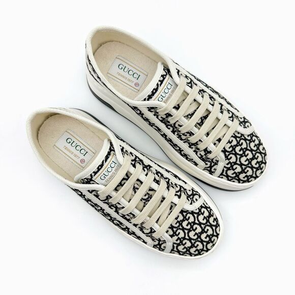 GUCCI Black White GG Jacquard Canvas 1977 Platform Sneakers Size 37 Low Top - Picture 3 of 13